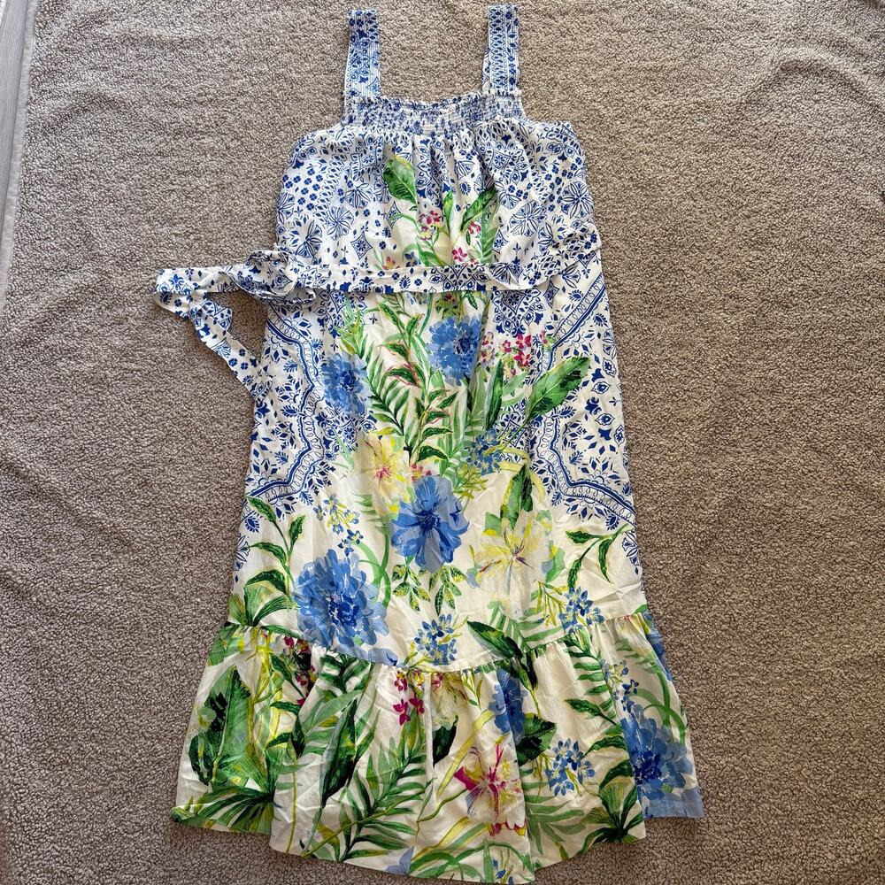 Anthropologie Maeve Bouquet Flounced Maxi Dress Floral Blue Tropical Size Small